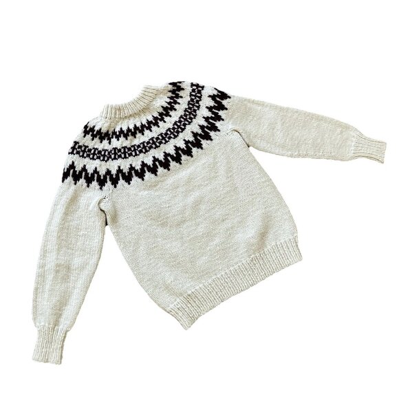 Vintage Hand Knit Wool Fair Isle Pullover Sweater Ivory/Brown Women's Size XS - Picture 5 of 5
